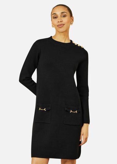 Yumi Black Knitted Tunic Dress With Gold Hardware Details