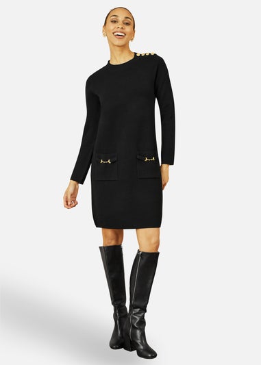 Yumi Black Knitted Tunic Dress With Gold Hardware Details