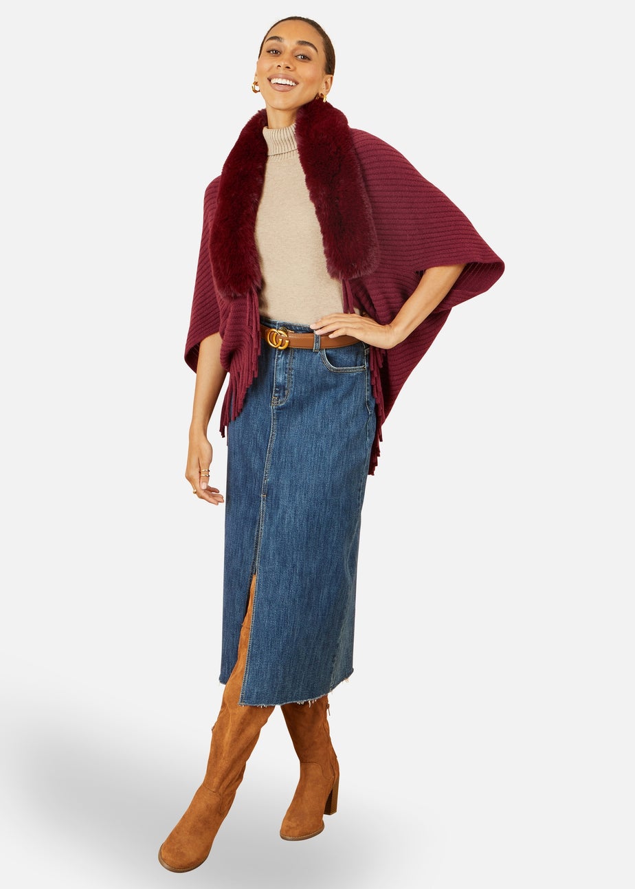 Yumi Burgundy Fur Collar Shrug With Tassel Hem