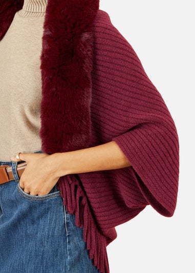 Yumi Burgundy Fur Collar Shrug With Tassel Hem