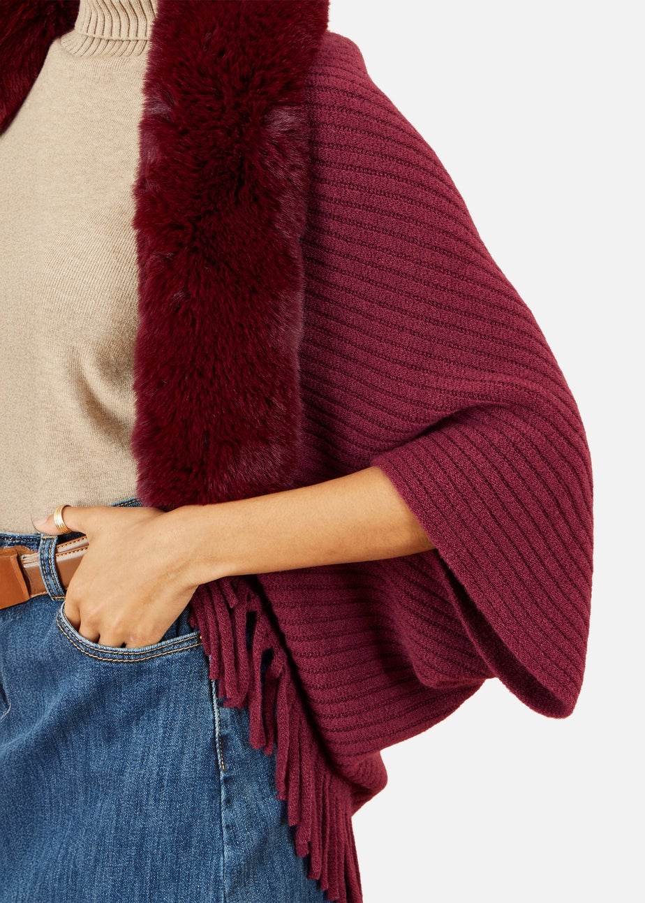 Yumi Burgundy Fur Collar Shrug With Tassel Hem