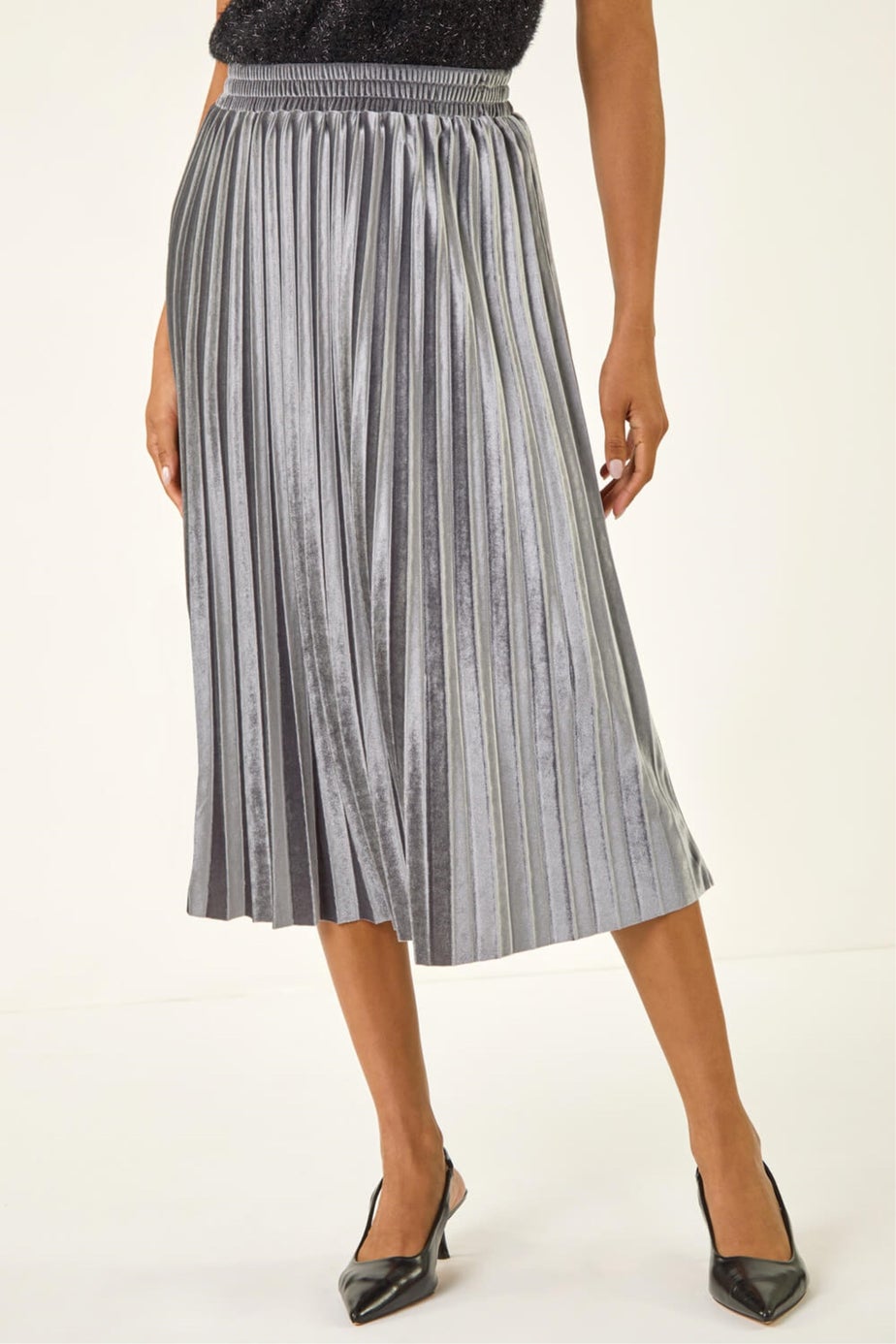 Roman Silver Velvet Pleated Midi Skirt