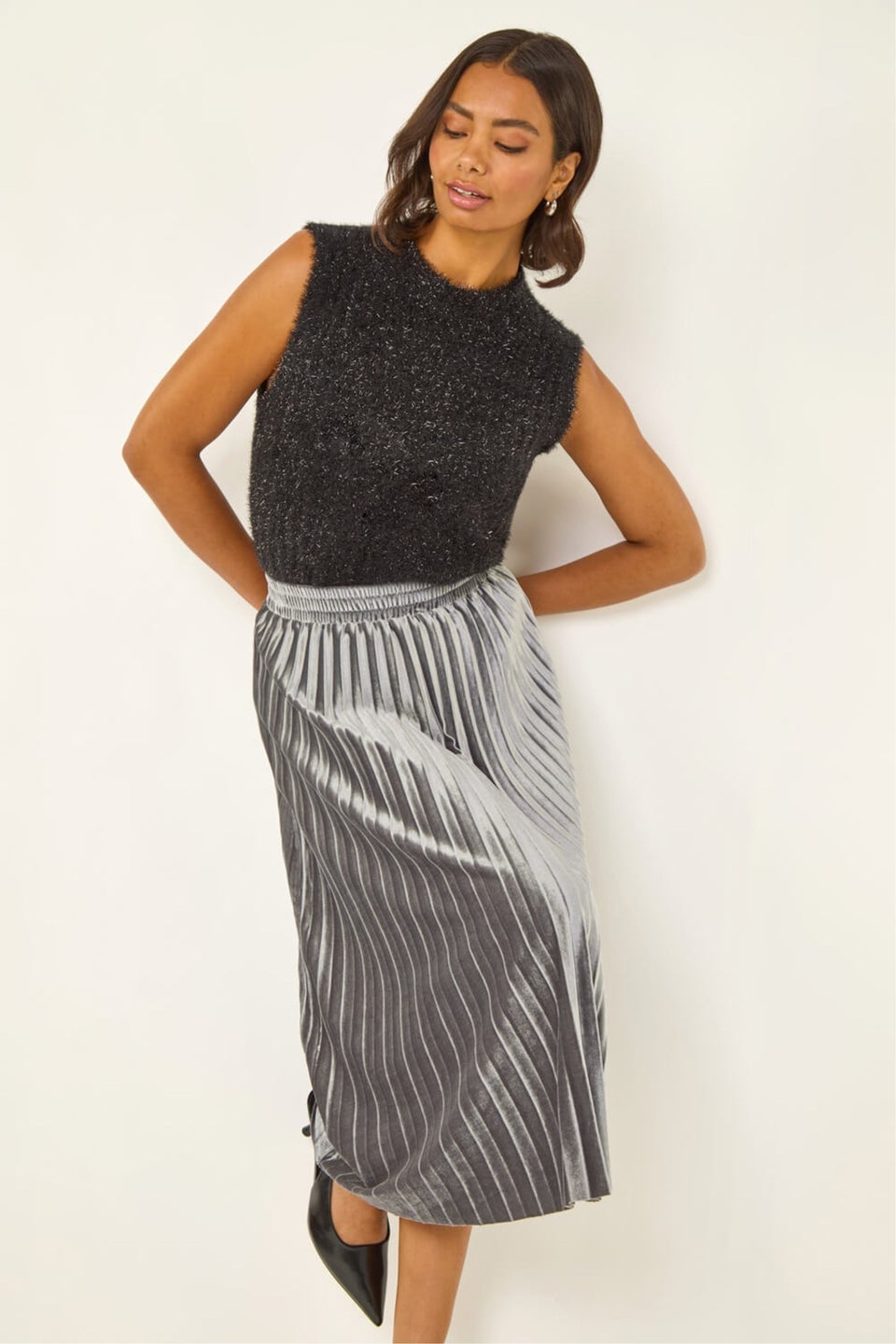 Roman Silver Velvet Pleated Midi Skirt
