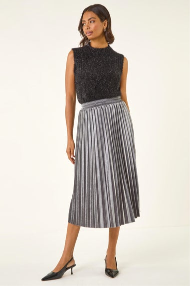 Roman Silver Velvet Pleated Midi Skirt
