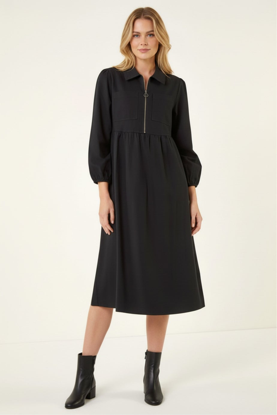 Roman Black Zip Front Collared Midi Dress