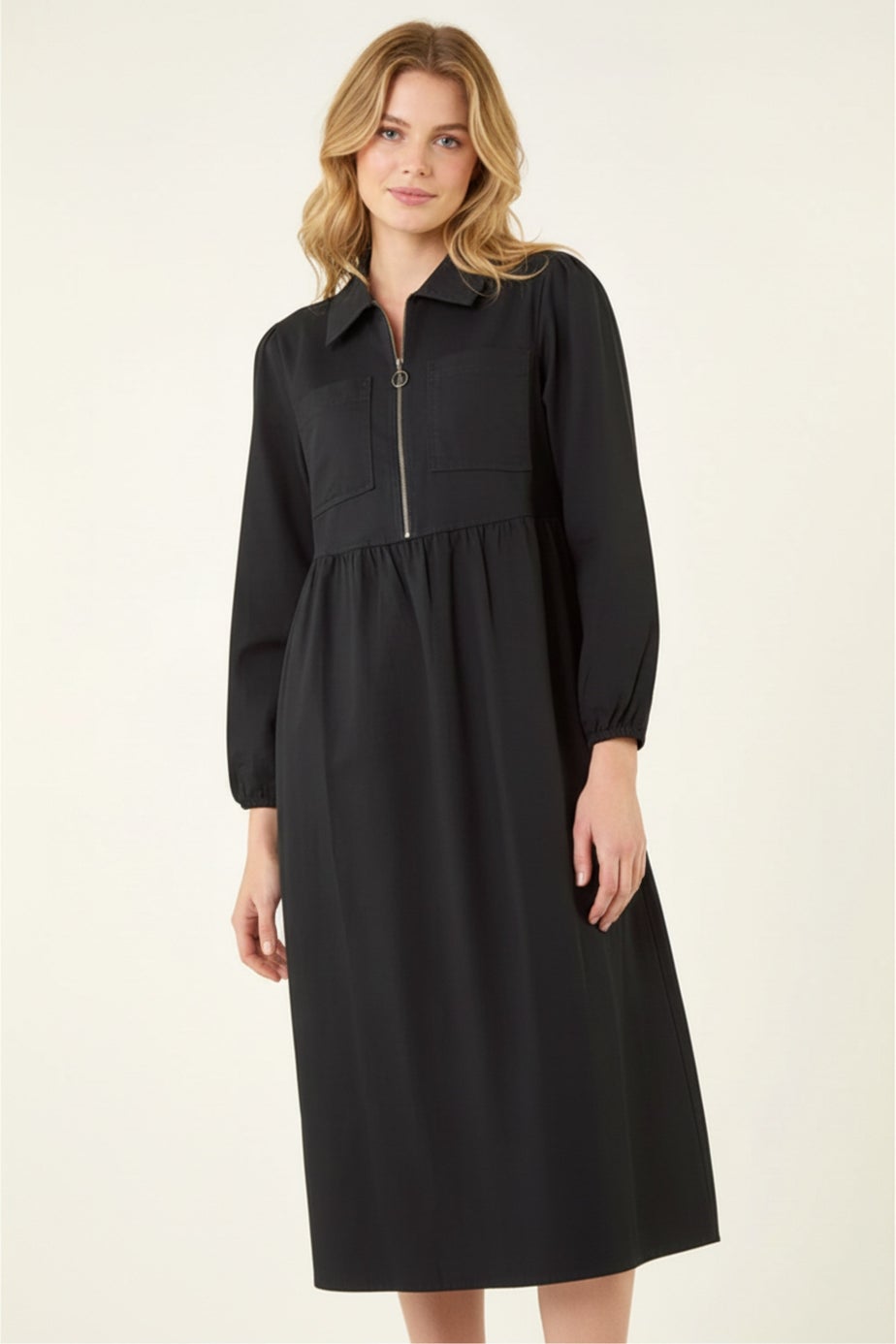 Roman Black Zip Front Collared Midi Dress
