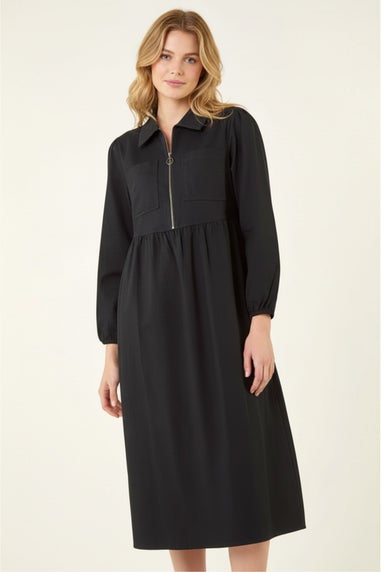 Roman Black Zip Front Collared Midi Dress