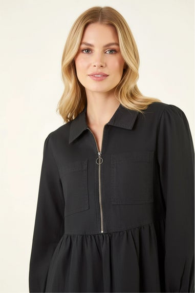 Roman Black Zip Front Collared Midi Dress