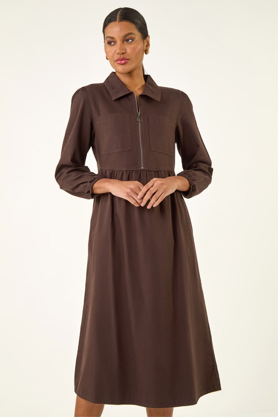 Roman Chocolate Zip Front Collared Midi Dress