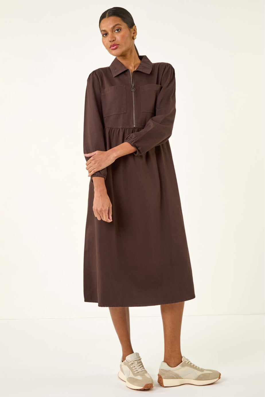 Roman Chocolate Zip Front Collared Midi Dress