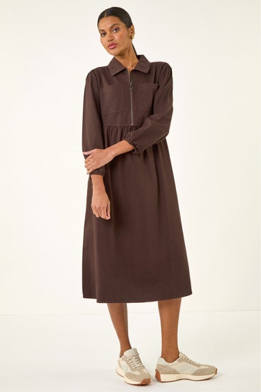Roman Chocolate Zip Front Collared Midi Dress