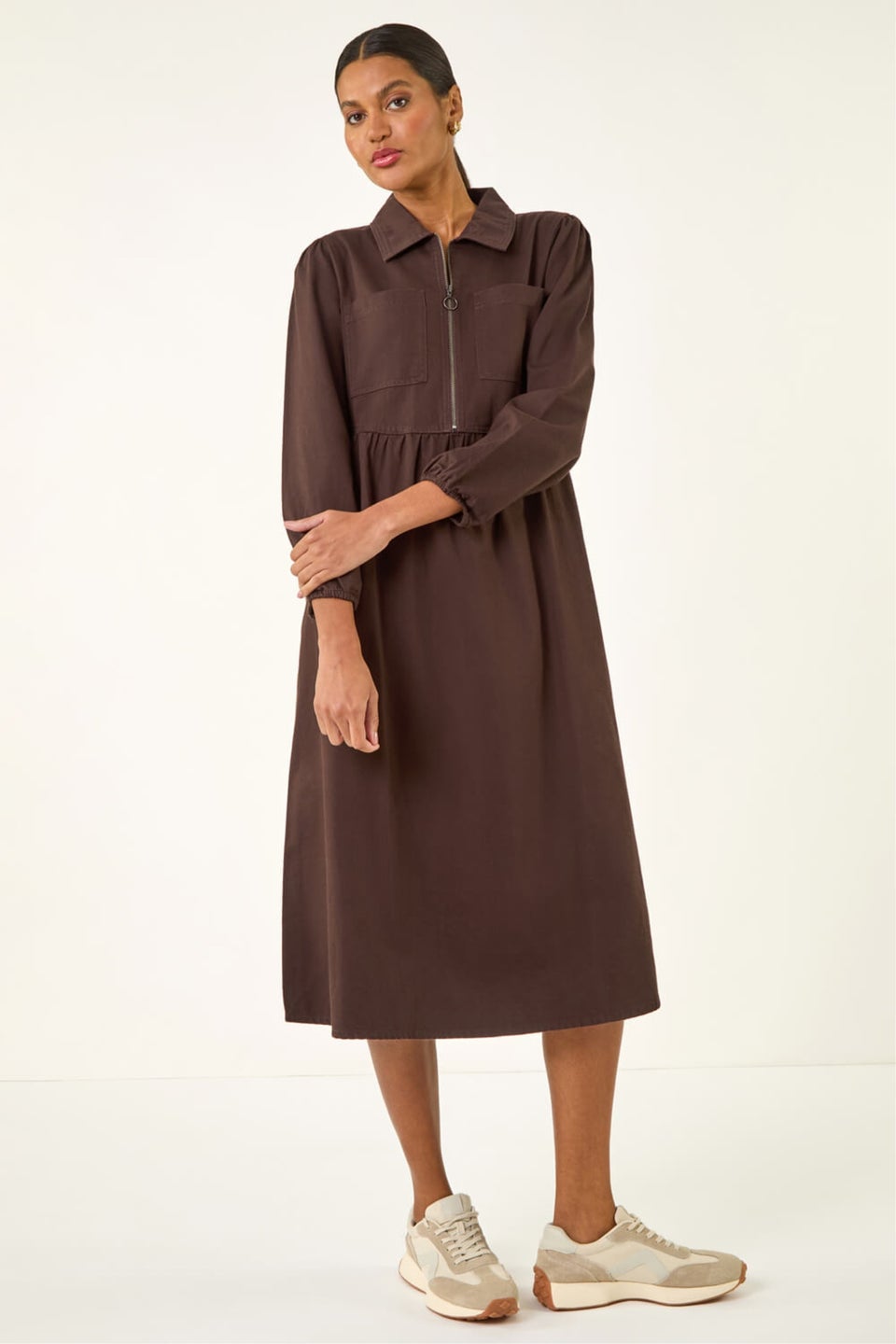 Roman Chocolate Zip Front Collared Midi Dress