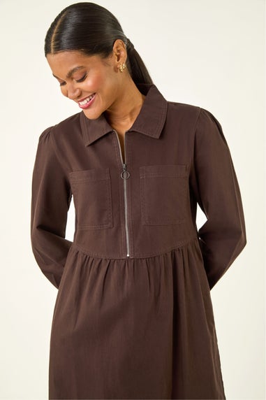 Roman Chocolate Zip Front Collared Midi Dress