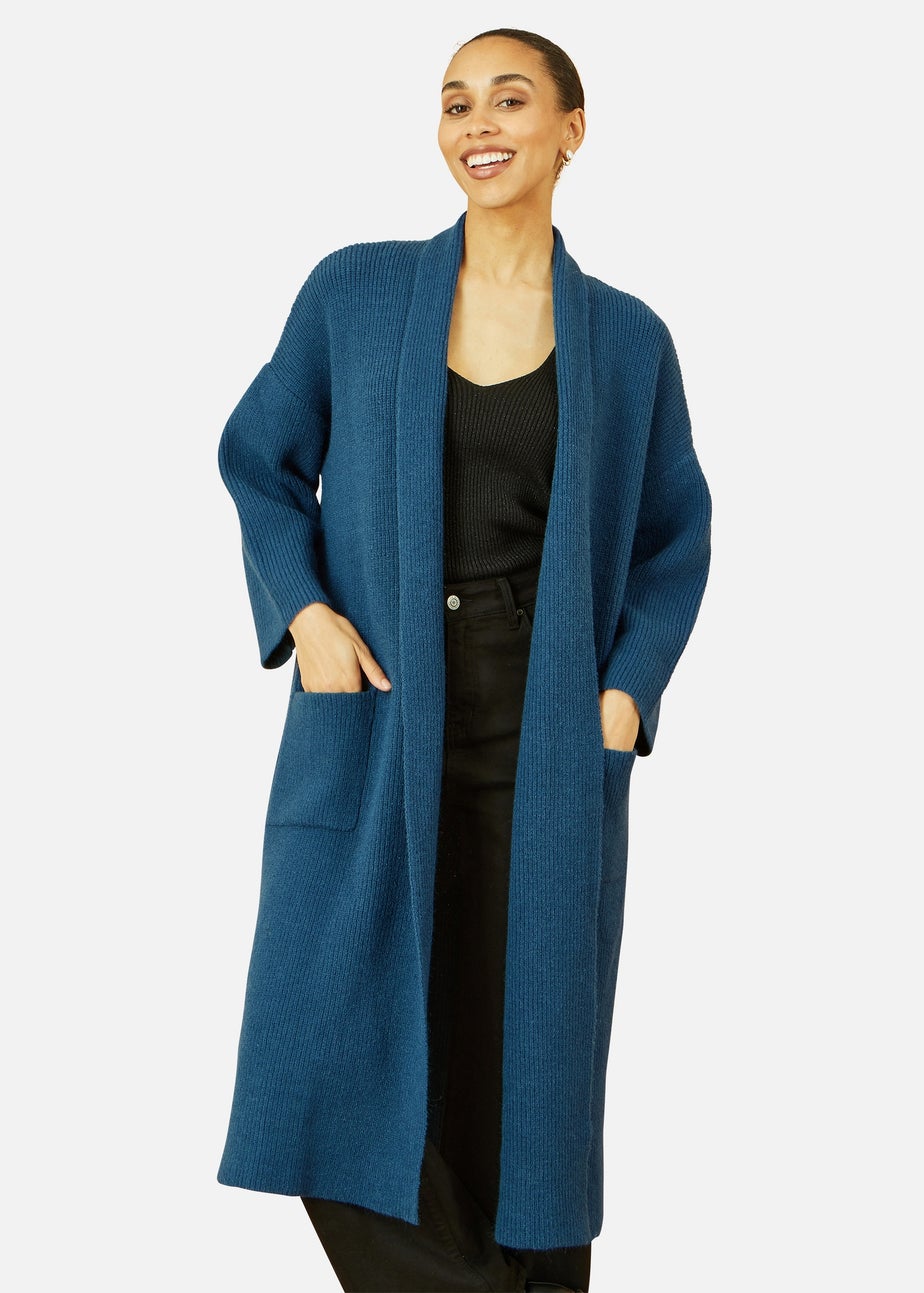 Yumi Teal Knitted Maxi Cardigan With Pockets