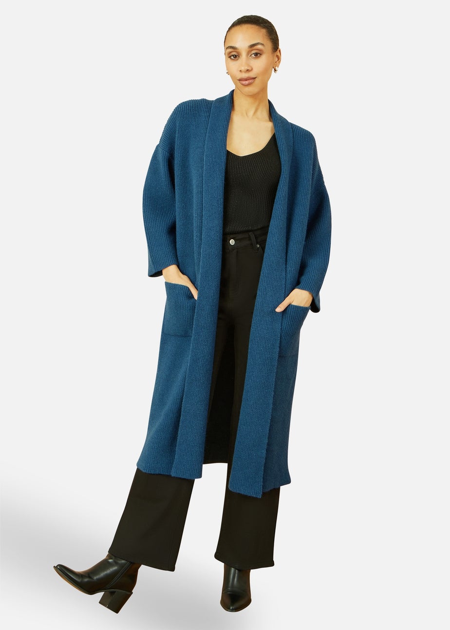 Yumi Teal Knitted Maxi Cardigan With Pockets