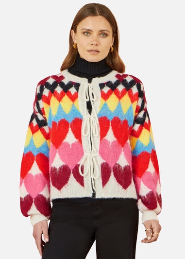Yumi Multicolour Tie Front Heart Intarsia Cardigan