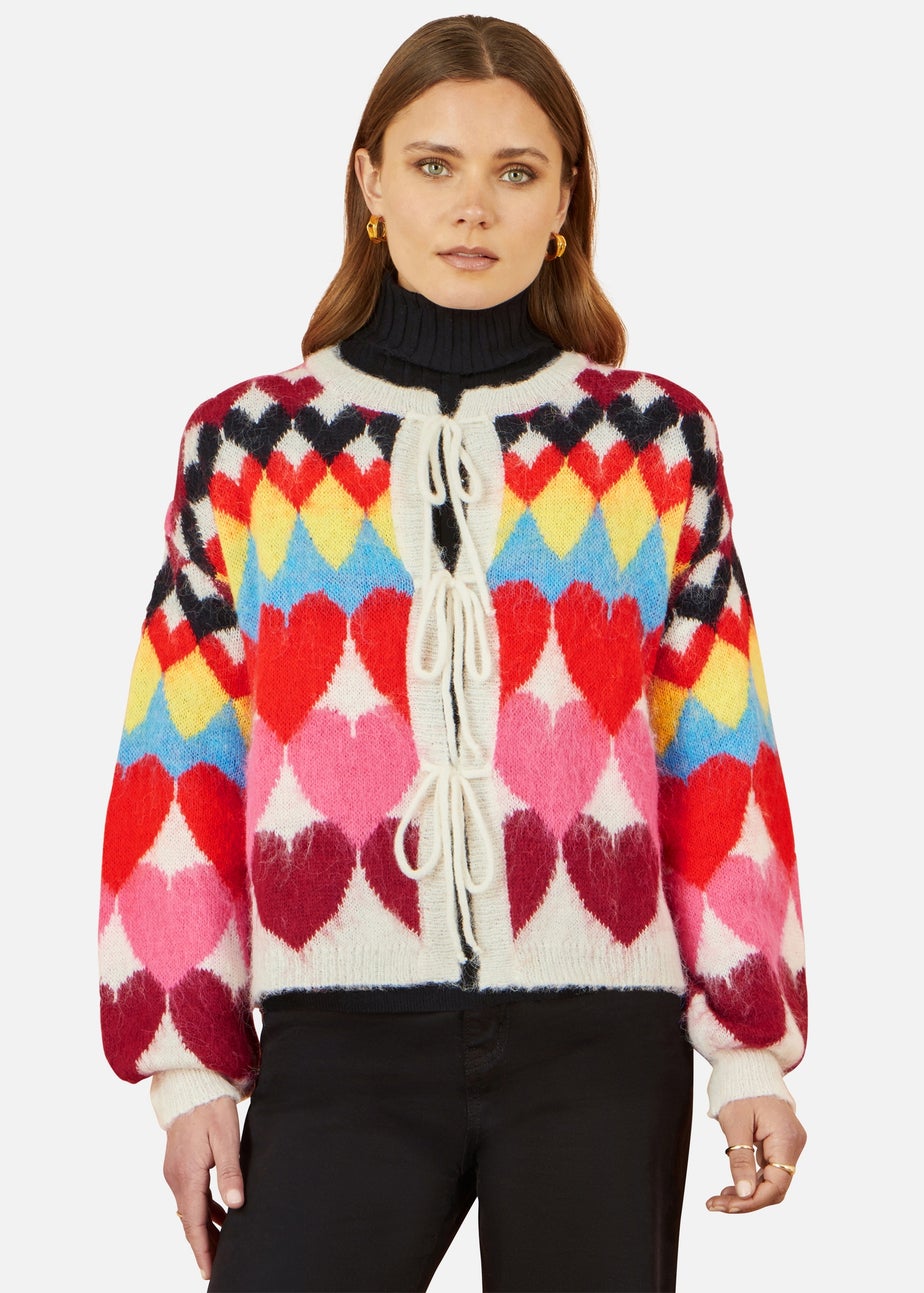 Yumi Multicolour Tie Front Heart Intarsia Cardigan