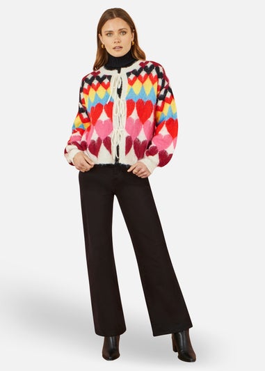 Yumi Multicolour Tie Front Heart Intarsia Cardigan
