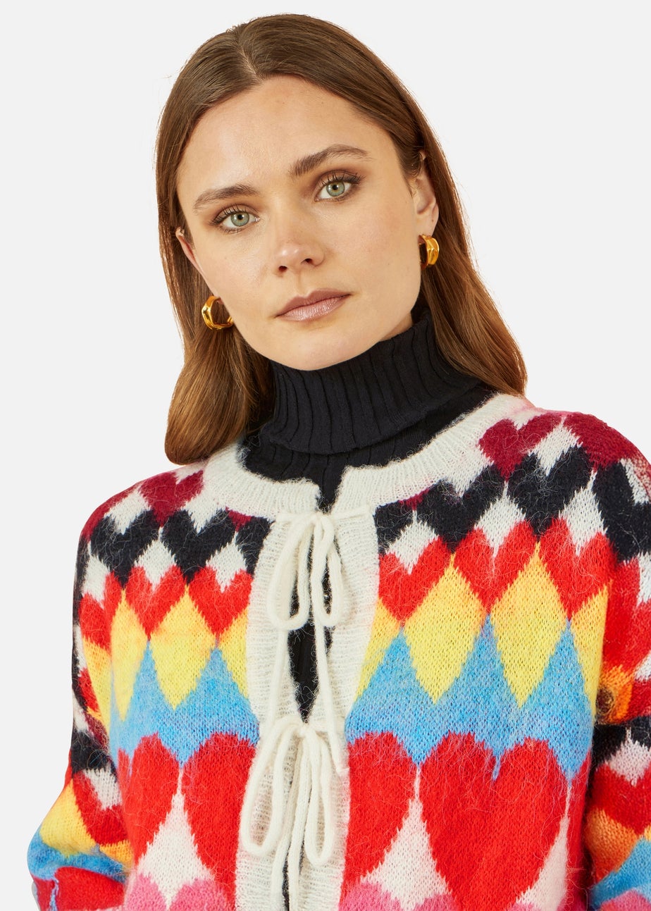 Yumi Multicolour Tie Front Heart Intarsia Cardigan