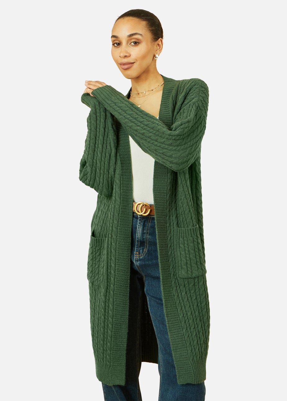Yumi Green Cable Knit Edge to Edge Long Cardigan With Pockets