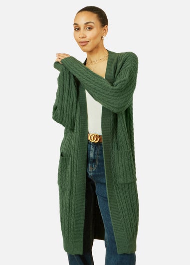 Yumi Green Cable Knit Edge to Edge Long Cardigan With Pockets