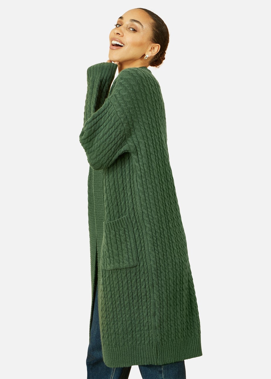 Yumi Green Cable Knit Edge to Edge Long Cardigan With Pockets