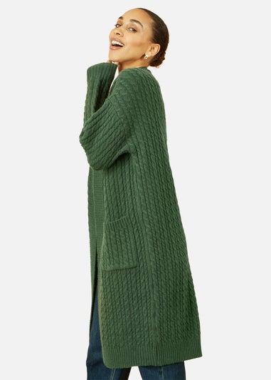 Yumi Green Cable Knit Edge to Edge Long Cardigan With Pockets