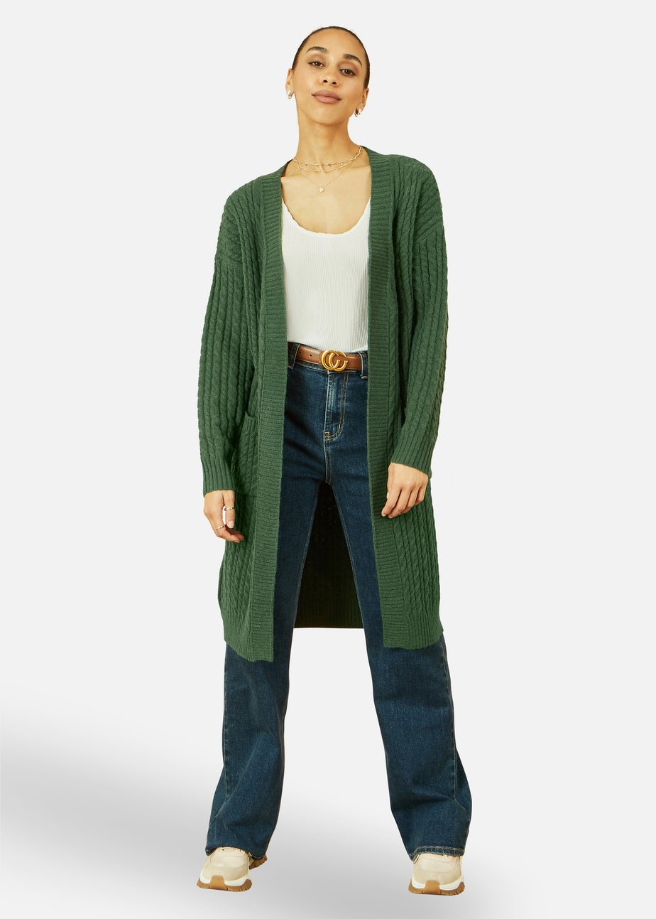 Yumi Green Cable Knit Edge to Edge Long Cardigan With Pockets