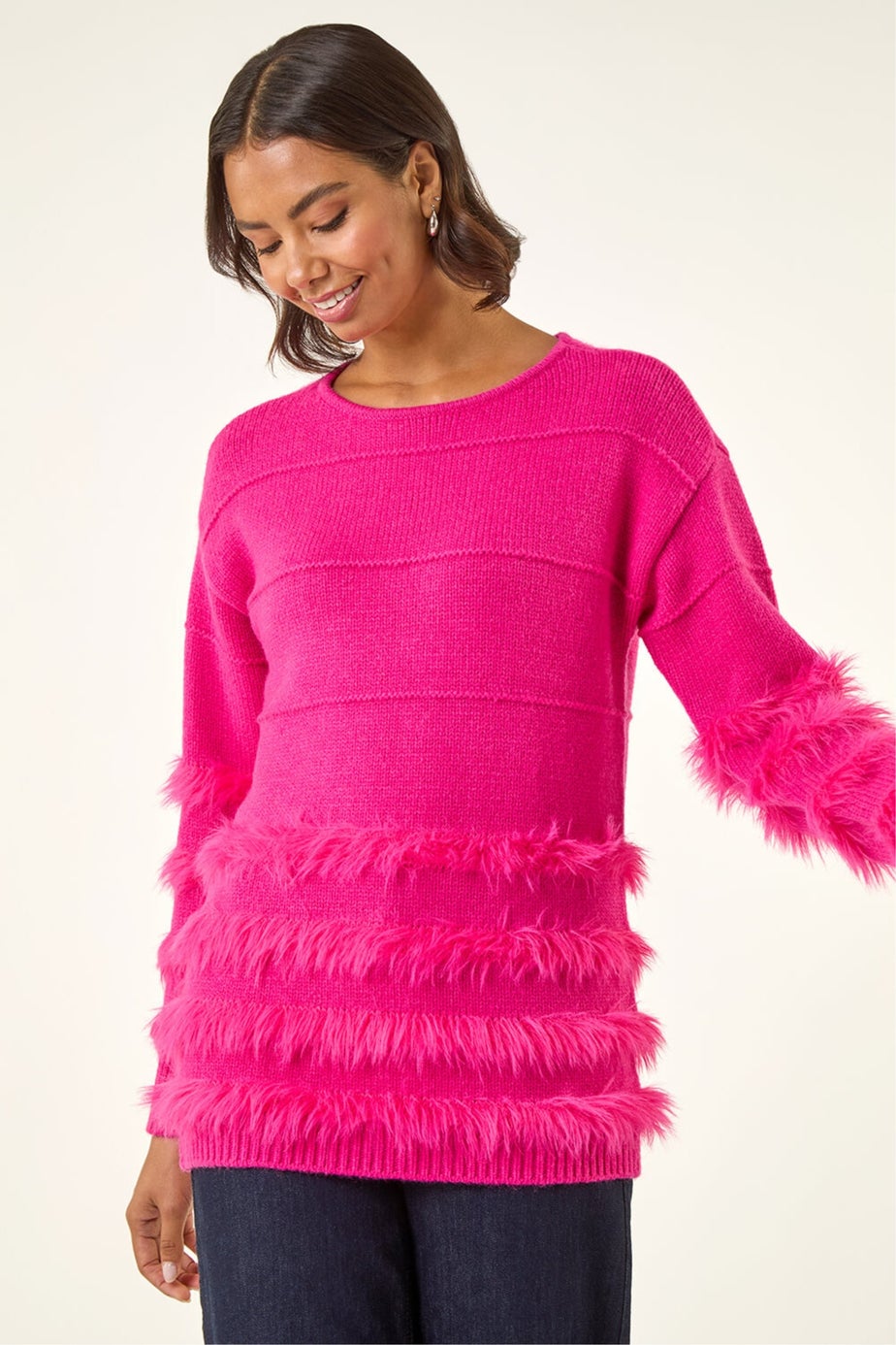 Roman Cerise Fluffy Trim Knit Jumper