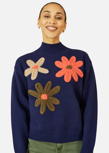 Yumi Navy Knitted High Neck Jumper With Applique Flowers