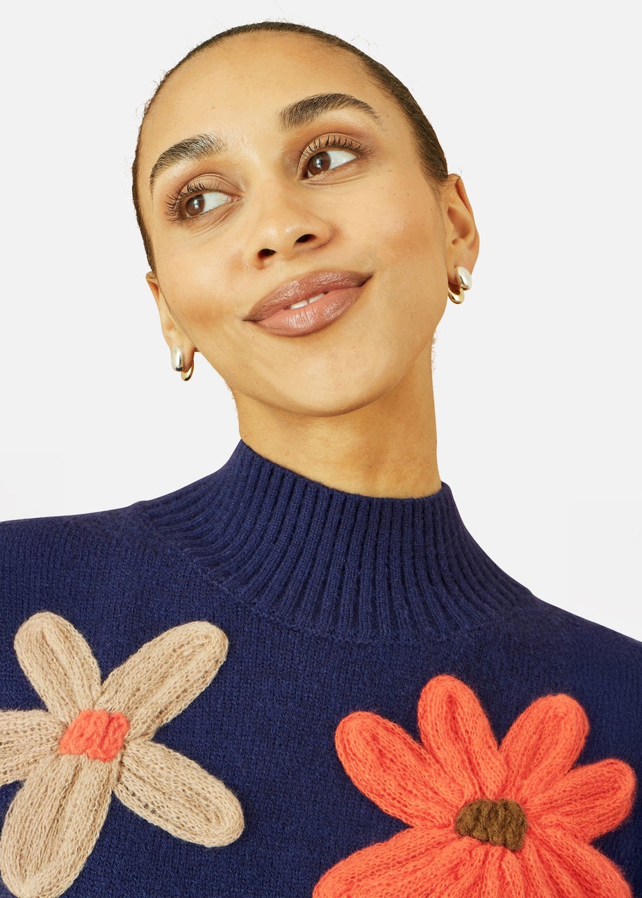 Yumi Navy Knitted High Neck Jumper With Applique Flowers