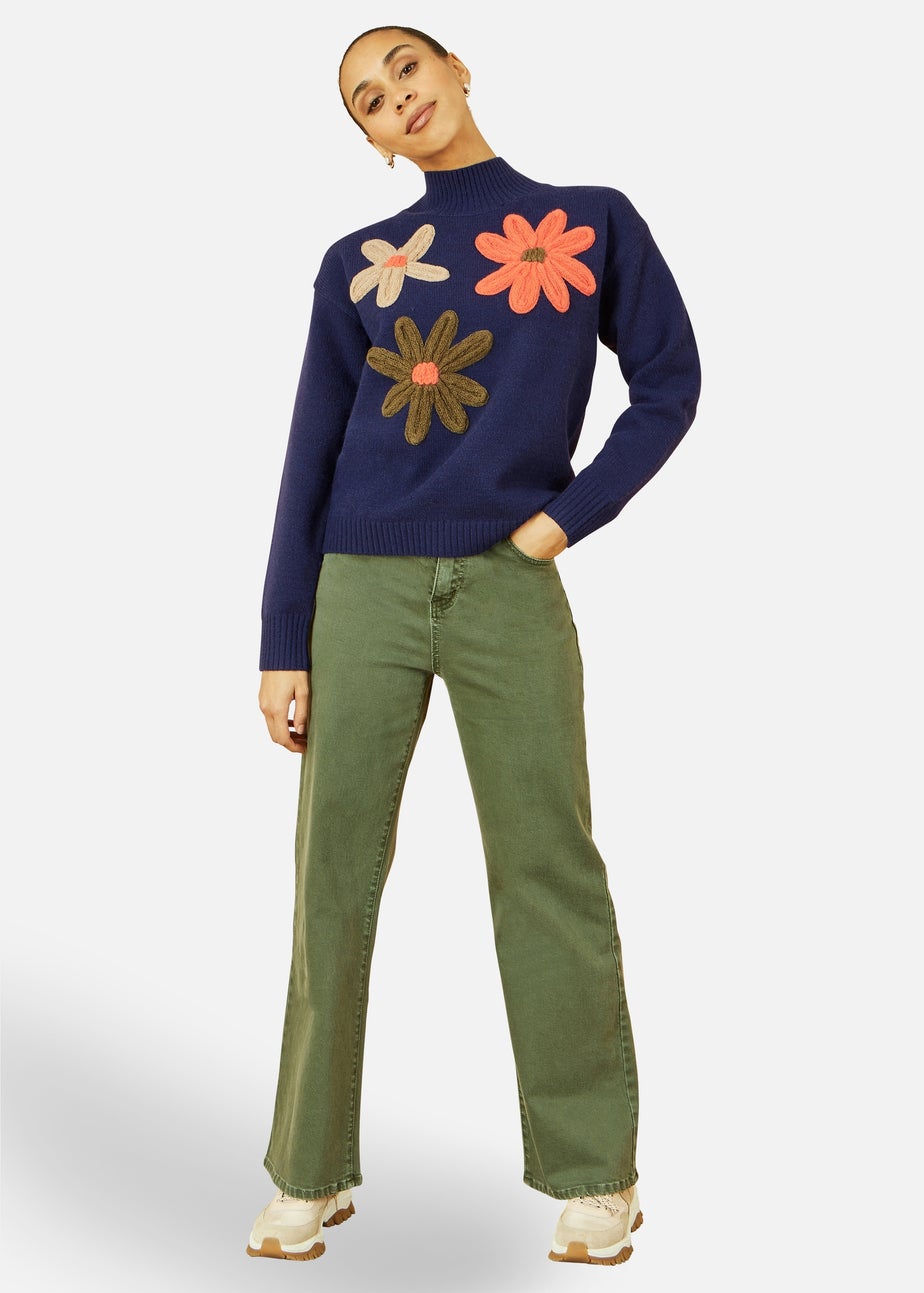 Yumi Navy Knitted High Neck Jumper With Applique Flowers