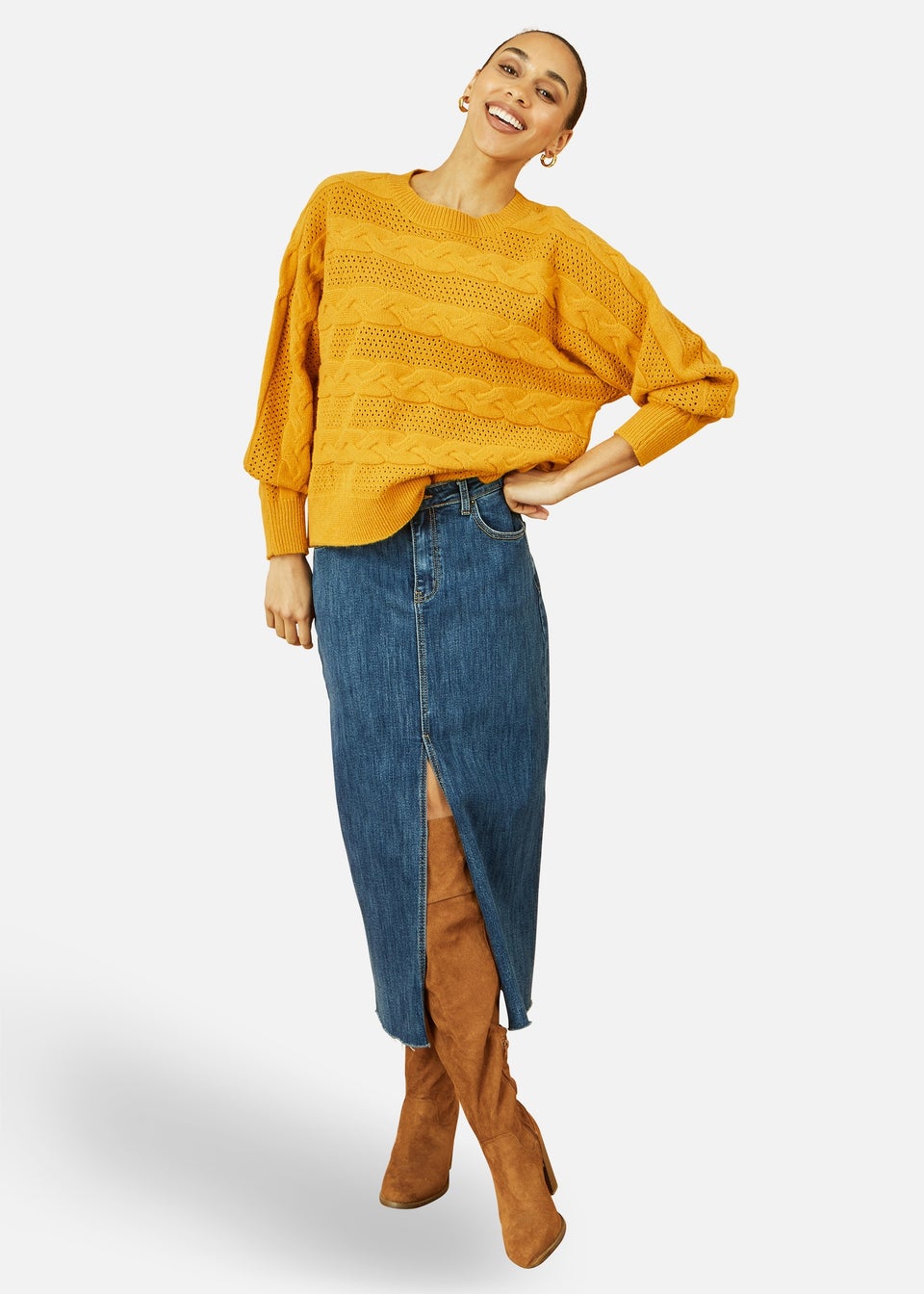 Yumi Mustard Cable Knit Relaxed Fit Jumper