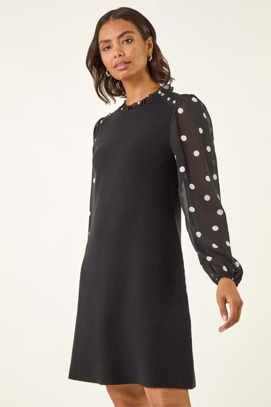 Roman Black Spot Print Frill Knitted Dress