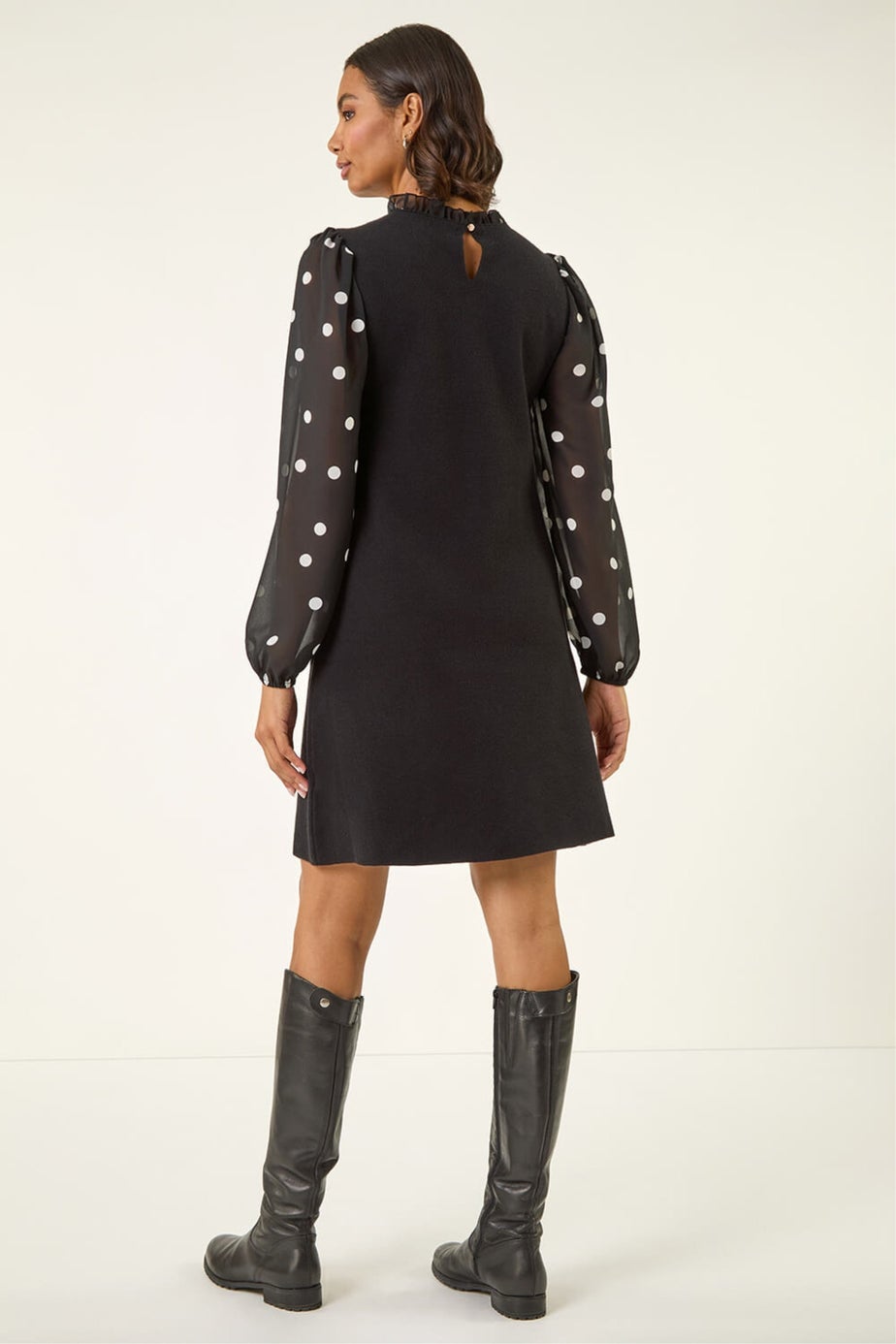 Roman Black Spot Print Frill Knitted Dress