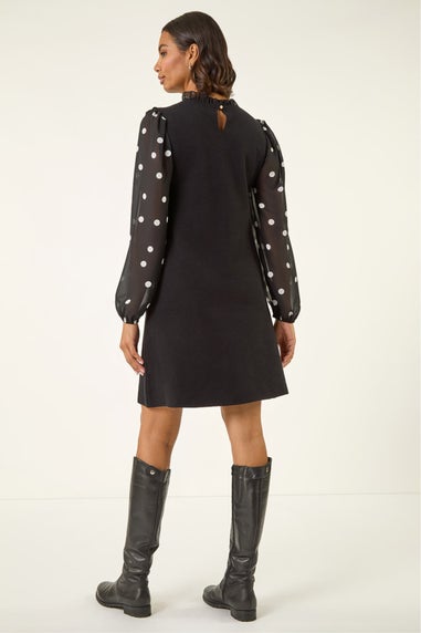 Roman Black Spot Print Frill Knitted Dress