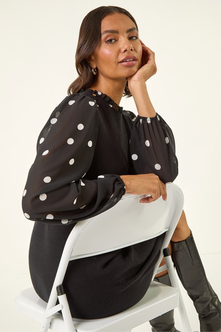 Roman Black Spot Print Frill Knitted Dress