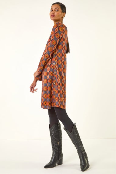 Roman Dark Orange Geo Print Stretch Swing Dress