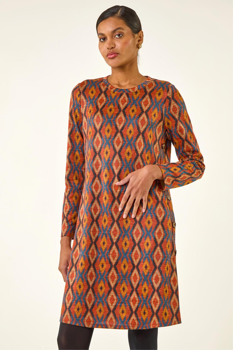 Roman Dark Orange Geo Print Stretch Swing Dress