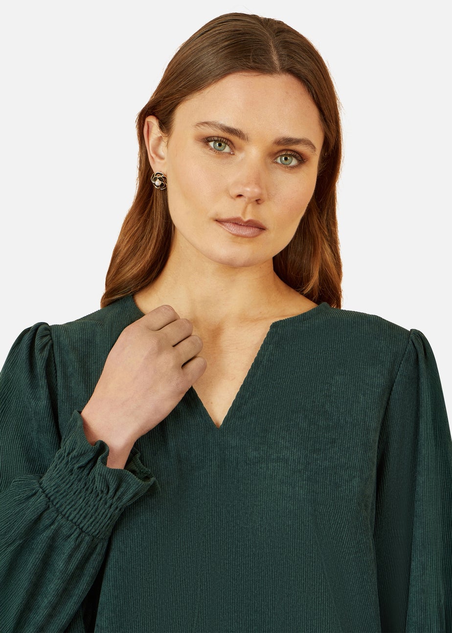 Yumi Green Cord Tunic With Ruched Sleeve