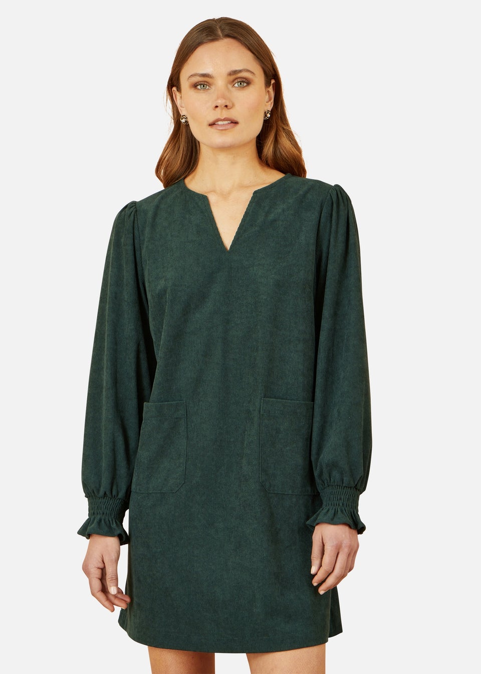 Yumi Green Cord Tunic With Ruched Sleeve