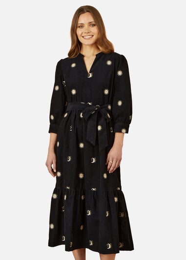 Yumi Black Cosmic Embroidery Cord Midi Shirt Dress