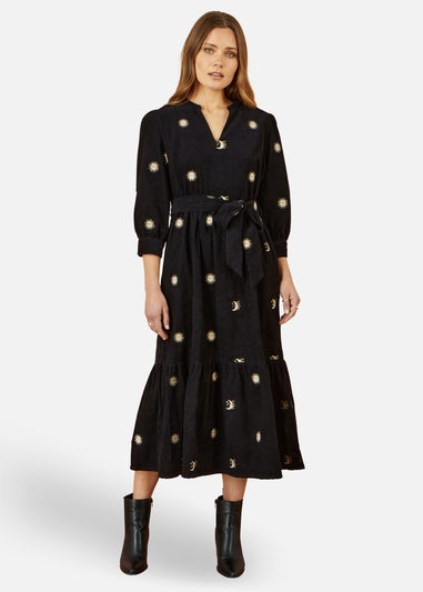 Yumi Black Cosmic Embroidery Cord Midi Shirt Dress