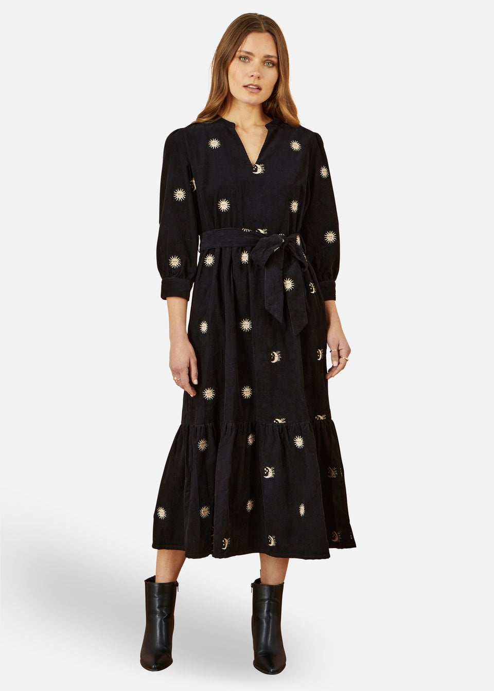 Yumi Black Cosmic Embroidery Cord Midi Shirt Dress