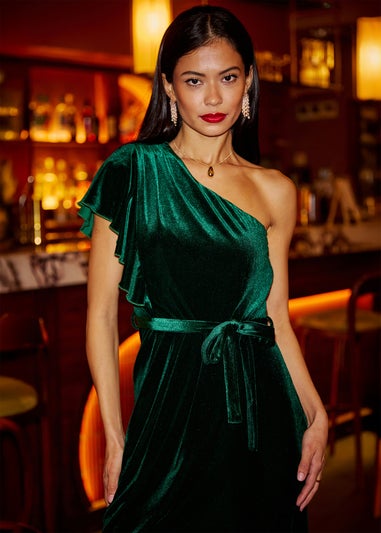 Yumi Green Velvet Frill One Shoulder Midi Dress With Split Hem