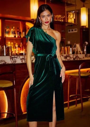 Yumi Green Velvet Frill One Shoulder Midi Dress With Split Hem