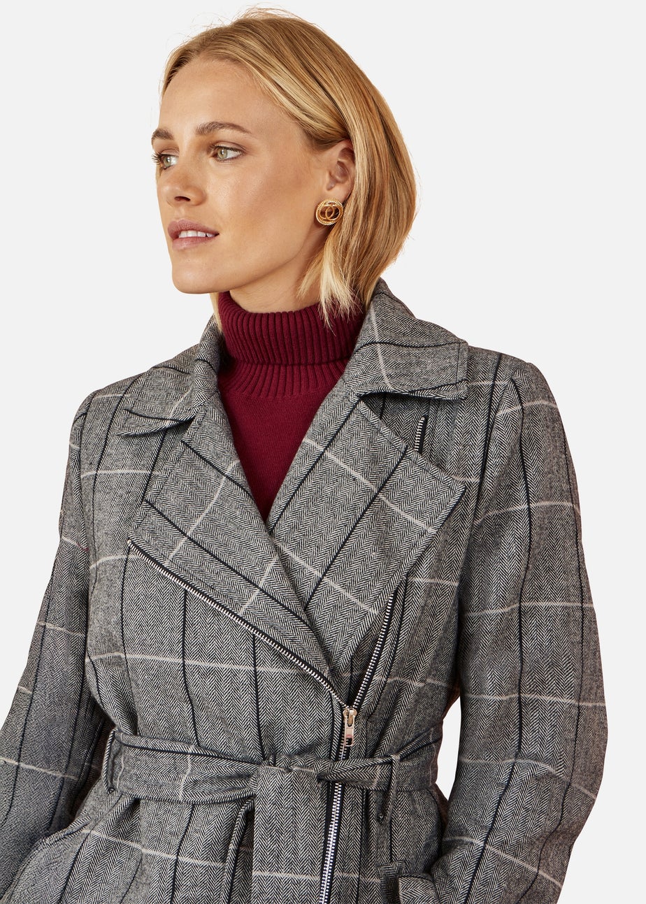 Yumi Grey Check Oversize Long Biker Coat