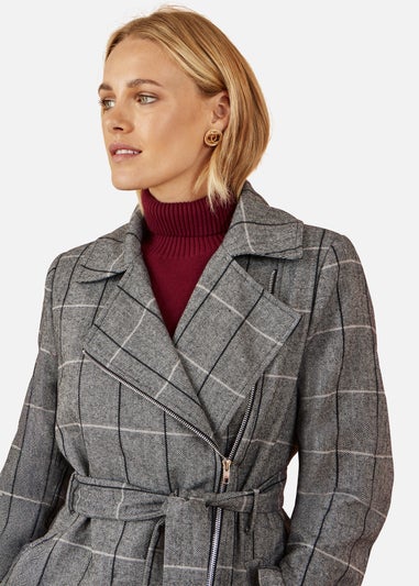 Yumi Grey Check Oversize Long Biker Coat