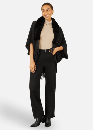 Yumi Black Fur Collar Shrug With Tassel Hem