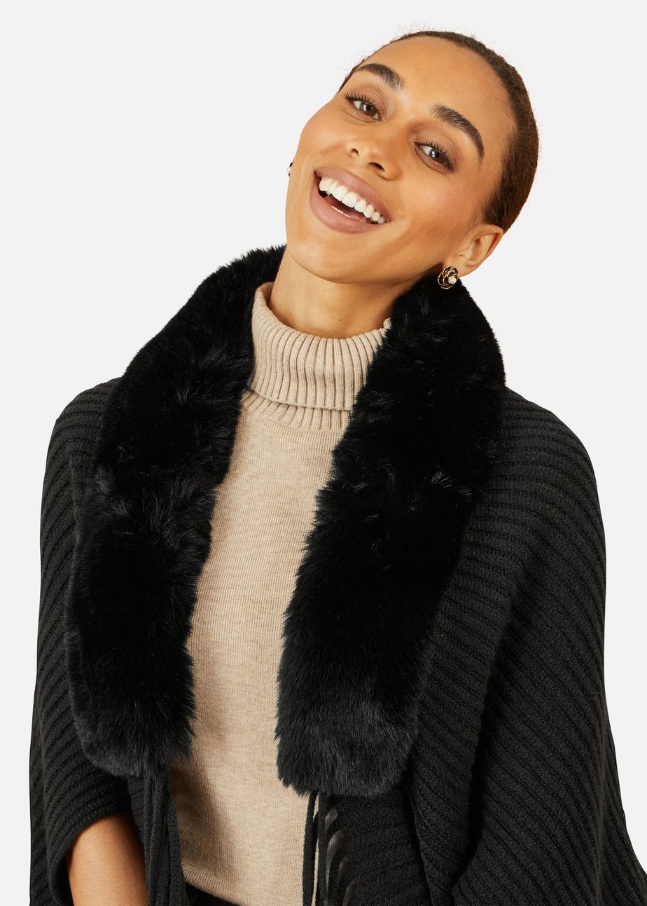 Yumi Black Fur Collar Shrug With Tassel Hem